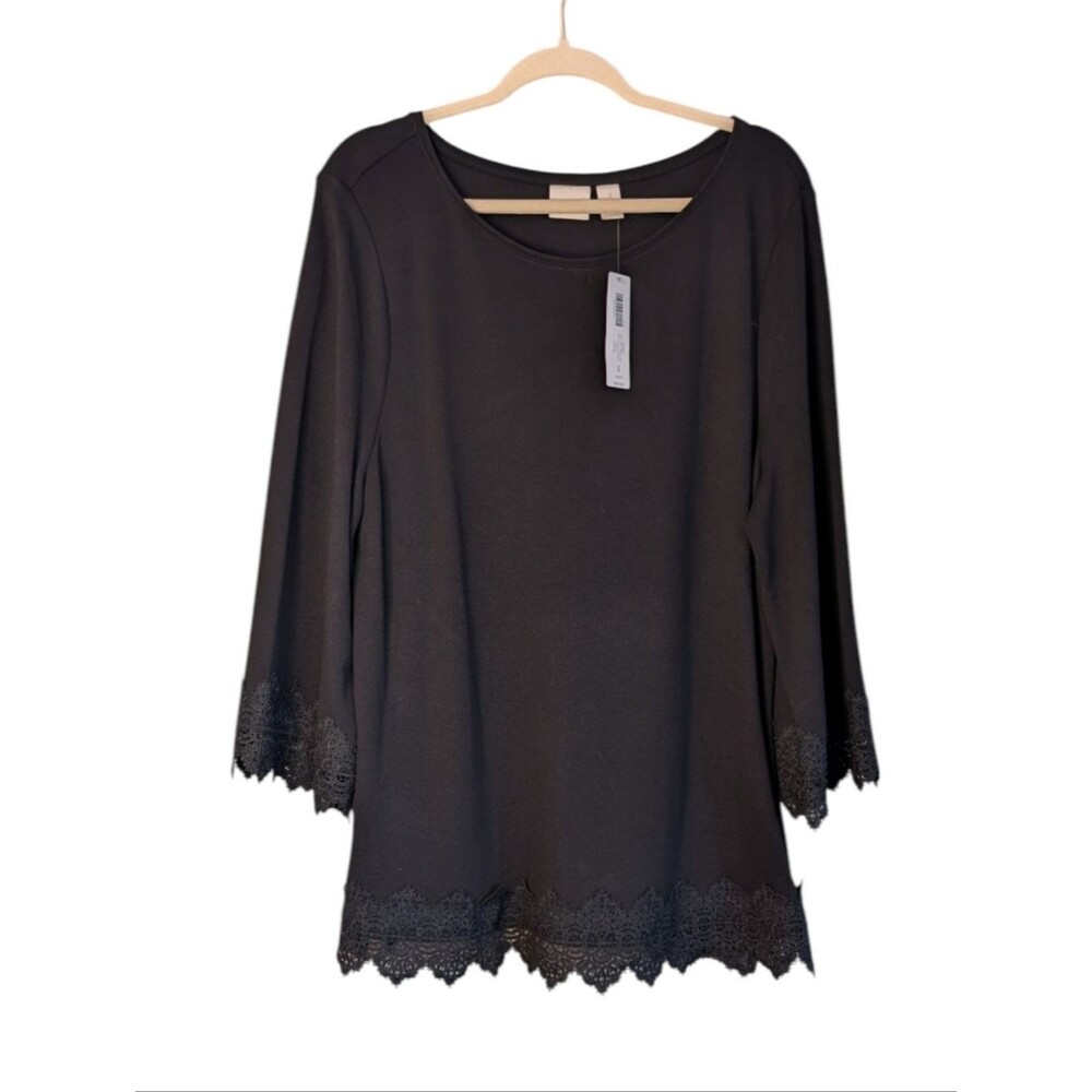 Chico's Black Ponte Tunic Top 3/4 Bell Sleeve size 3/XL Scalloped Lace romantic